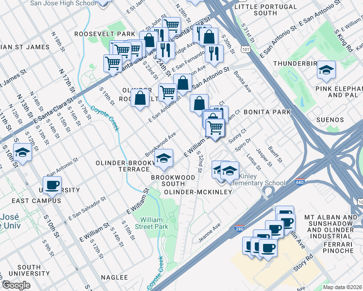 map of restaurants, bars, coffee shops, grocery stores, and more near 366 South 22nd Street in San Jose