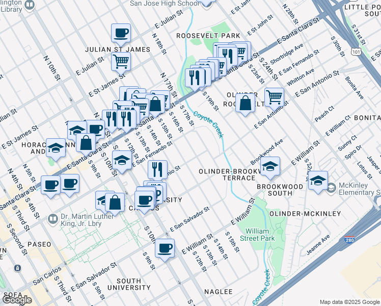 map of restaurants, bars, coffee shops, grocery stores, and more near 135 South 16th Street in San Jose