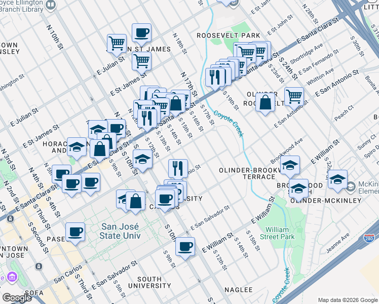 map of restaurants, bars, coffee shops, grocery stores, and more near 105 South 15th Street in San Jose