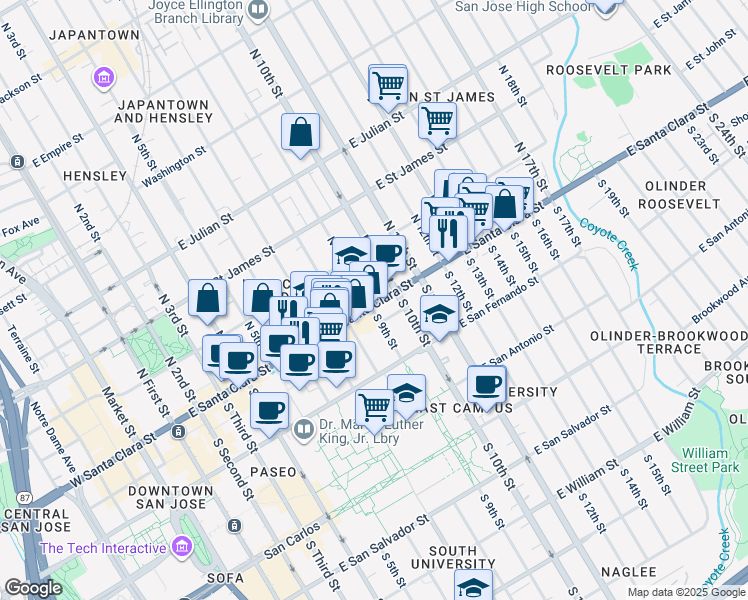 map of restaurants, bars, coffee shops, grocery stores, and more near 48 North 9th Street in San Jose