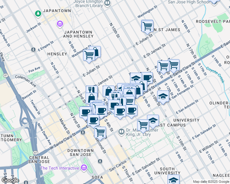 map of restaurants, bars, coffee shops, grocery stores, and more near in San Jose