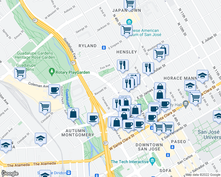 map of restaurants, bars, coffee shops, grocery stores, and more near 87 Bassett Street in San Jose