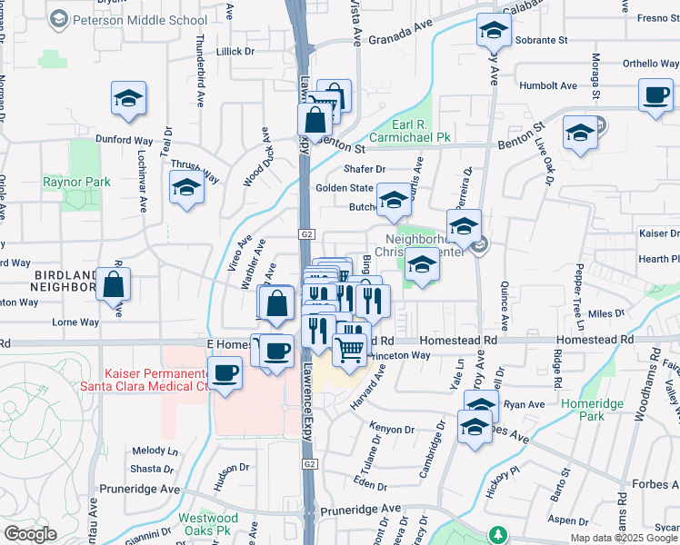 map of restaurants, bars, coffee shops, grocery stores, and more near 3520 Wehner Drive in Santa Clara
