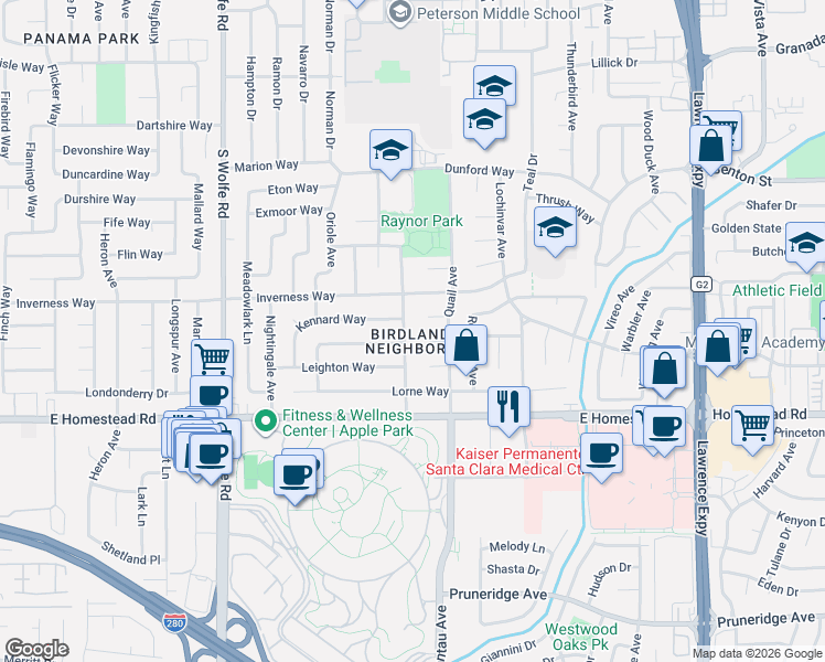 map of restaurants, bars, coffee shops, grocery stores, and more near 1610 Peacock Avenue in Sunnyvale