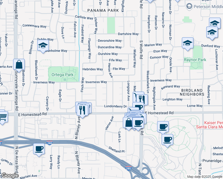 map of restaurants, bars, coffee shops, grocery stores, and more near 1606 Grosbeak Avenue in Sunnyvale
