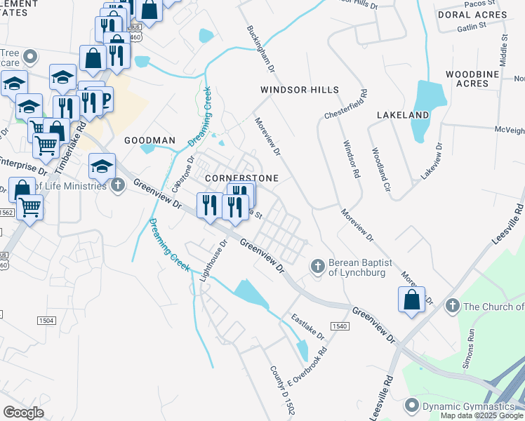 map of restaurants, bars, coffee shops, grocery stores, and more near 200 Cornerstone Street in Lynchburg