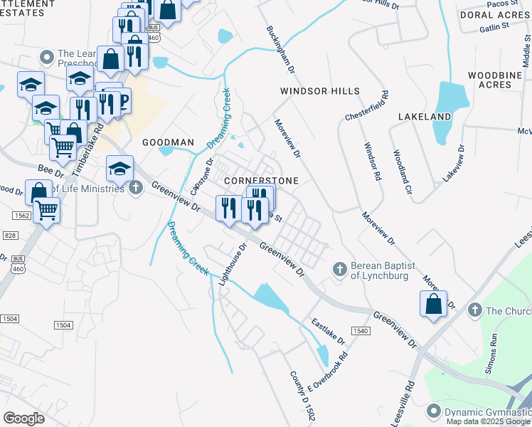 map of restaurants, bars, coffee shops, grocery stores, and more near 200 Cornerstone Street in Lynchburg