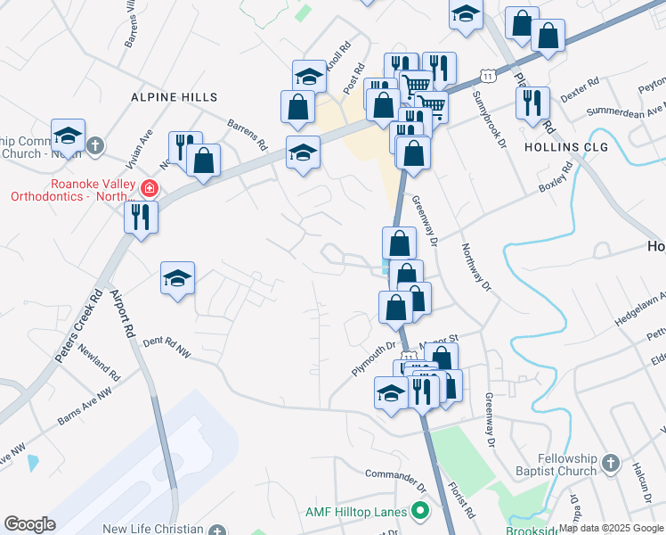 map of restaurants, bars, coffee shops, grocery stores, and more near 6910 Williamson Road in Roanoke