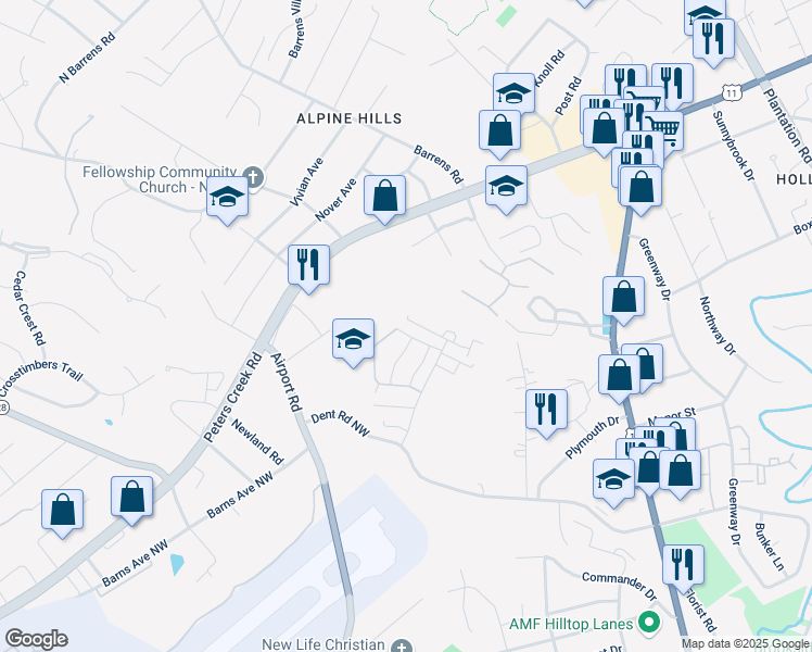 map of restaurants, bars, coffee shops, grocery stores, and more near 6846 Village Green Drive in Roanoke