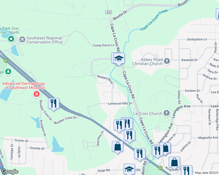 map of restaurants, bars, coffee shops, grocery stores, and more near 2020 Walden Boulevard in Cape Girardeau