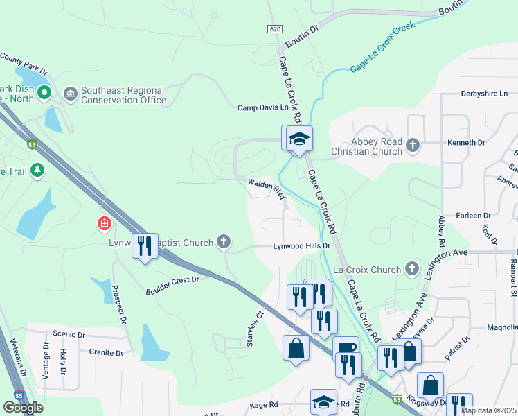 map of restaurants, bars, coffee shops, grocery stores, and more near 2832 Walden Boulevard in Cape Girardeau