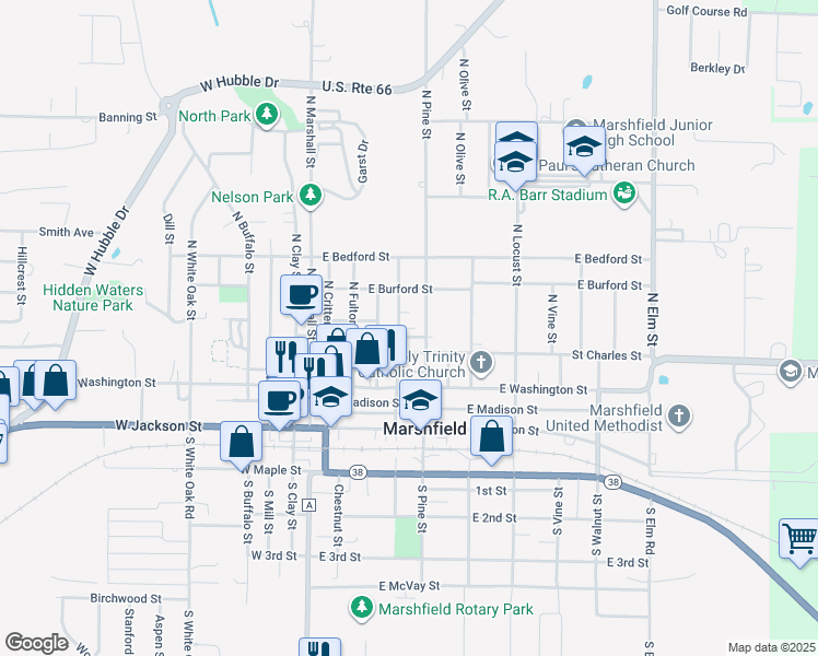 map of restaurants, bars, coffee shops, grocery stores, and more near 311 North Pine Street in Marshfield