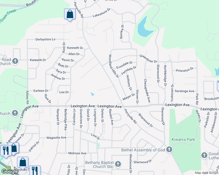 map of restaurants, bars, coffee shops, grocery stores, and more near Colonial Lane in Cape Girardeau