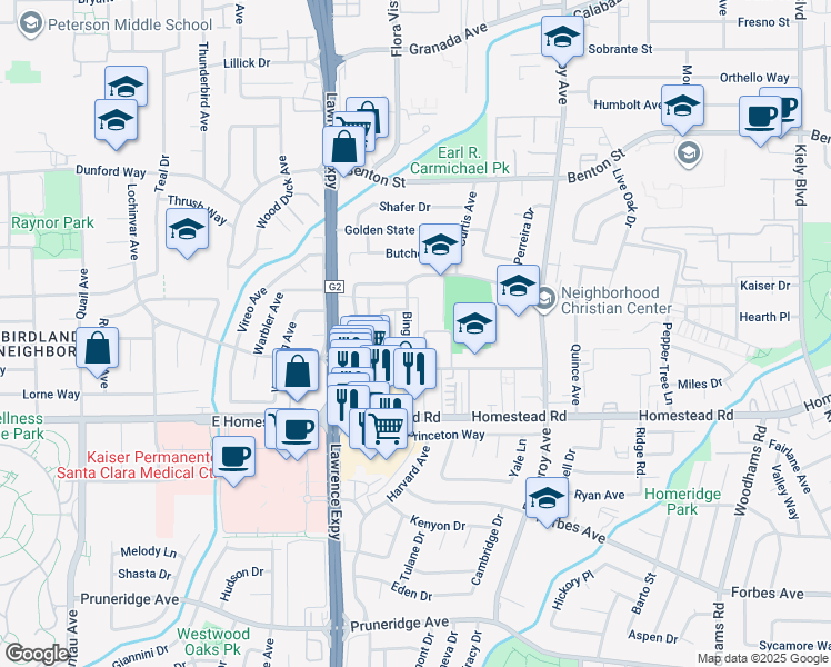 map of restaurants, bars, coffee shops, grocery stores, and more near 869 Bing Drive in Santa Clara