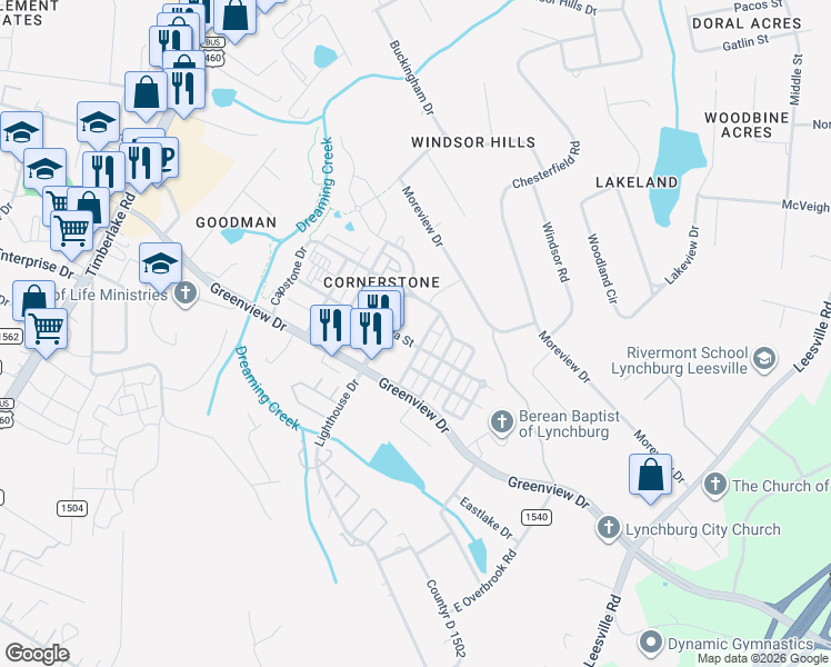 map of restaurants, bars, coffee shops, grocery stores, and more near 200 Cornerstone Street in Lynchburg