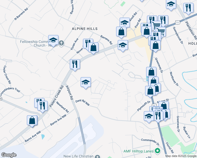 map of restaurants, bars, coffee shops, grocery stores, and more near 6846 Village Green Drive in Roanoke