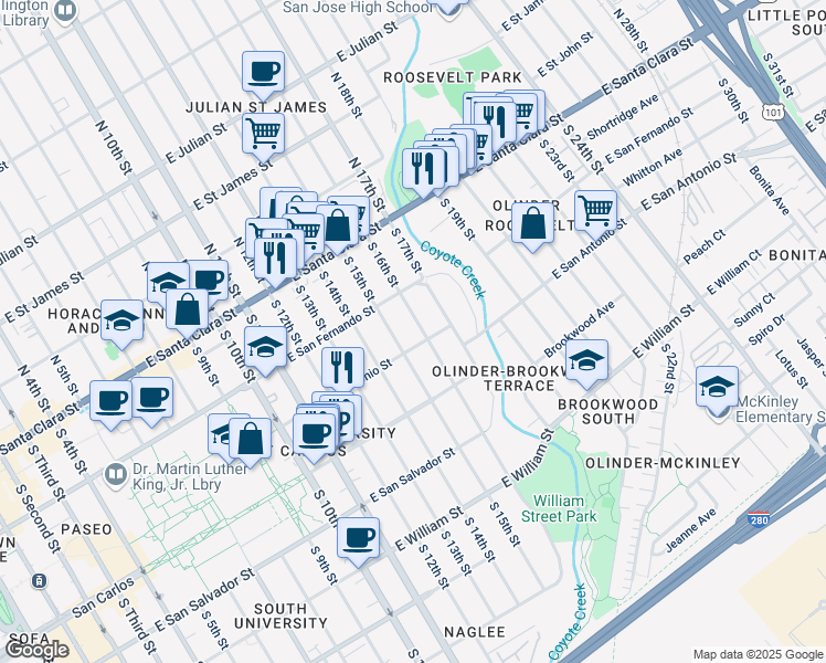 map of restaurants, bars, coffee shops, grocery stores, and more near 135 South 16th Street in San Jose