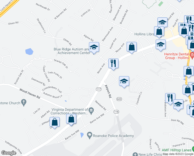 map of restaurants, bars, coffee shops, grocery stores, and more near 6490 Archcrest Drive in Roanoke
