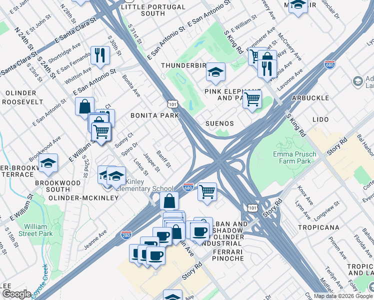 map of restaurants, bars, coffee shops, grocery stores, and more near 758 Bonita Avenue in San Jose
