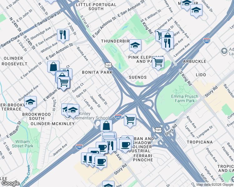 map of restaurants, bars, coffee shops, grocery stores, and more near 758 Bonita Avenue in San Jose