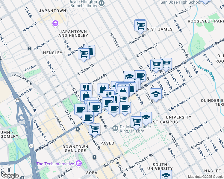map of restaurants, bars, coffee shops, grocery stores, and more near 303 East Saint John Street in San Jose