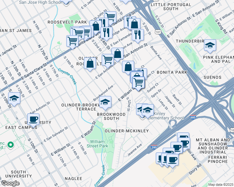 map of restaurants, bars, coffee shops, grocery stores, and more near 366 South 22nd Street in San Jose