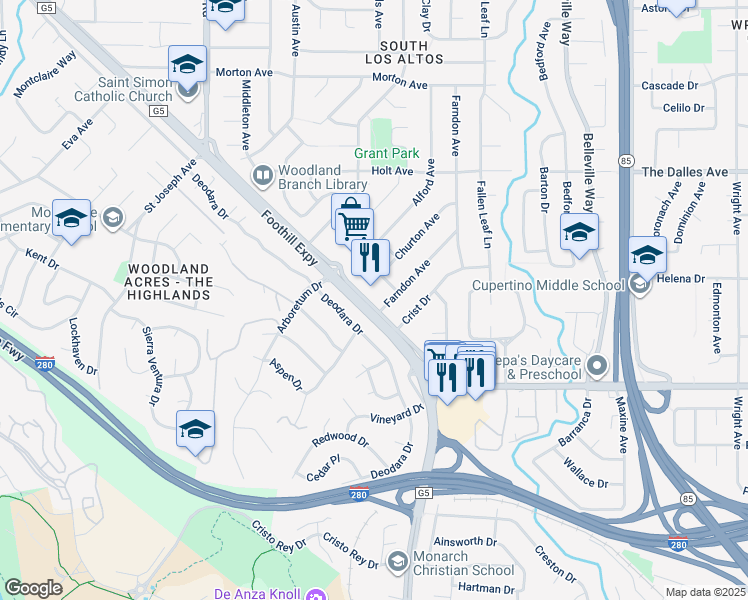 map of restaurants, bars, coffee shops, grocery stores, and more near 1580 Neston Way in Los Altos