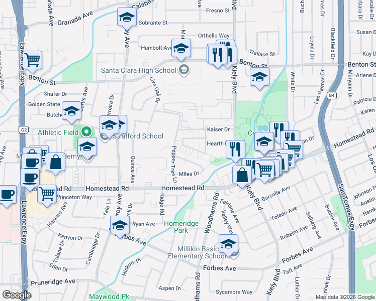 map of restaurants, bars, coffee shops, grocery stores, and more near 2975 Via Torino in Santa Clara