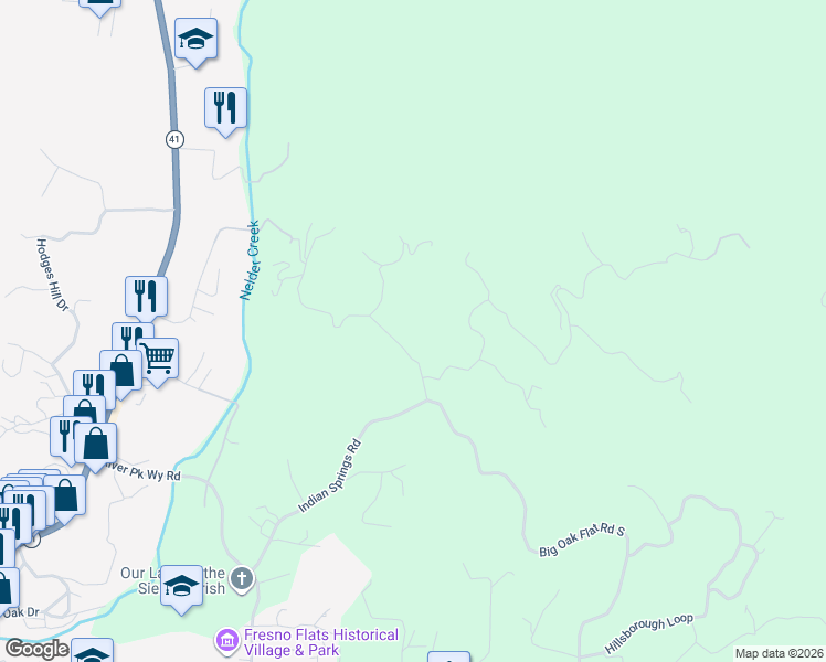 map of restaurants, bars, coffee shops, grocery stores, and more near 40733 Big Oak Flat Road North in Oakhurst