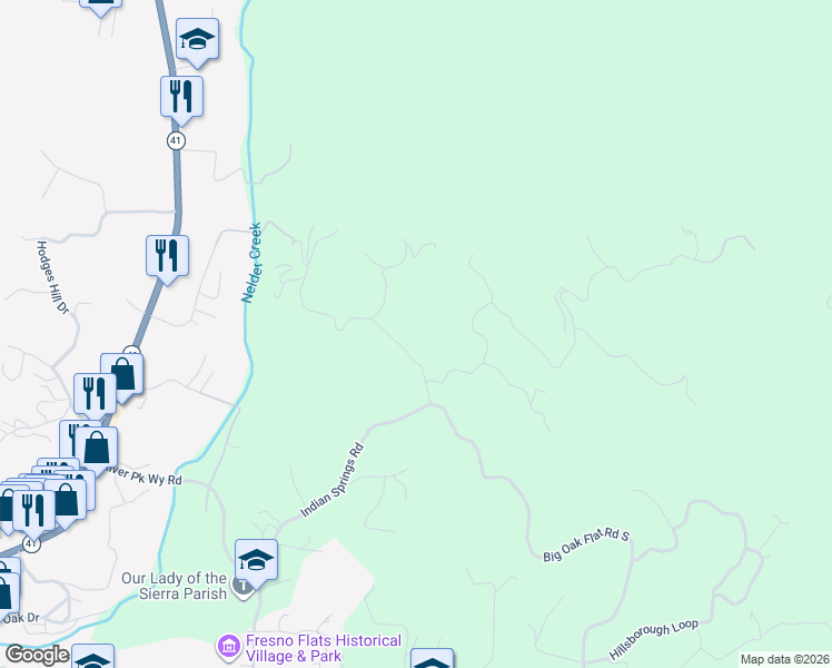 map of restaurants, bars, coffee shops, grocery stores, and more near 40733 Big Oak Flat Road North in Oakhurst