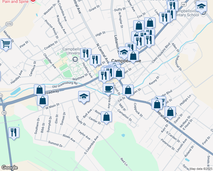 map of restaurants, bars, coffee shops, grocery stores, and more near 102 East Main Street in Campbellsville