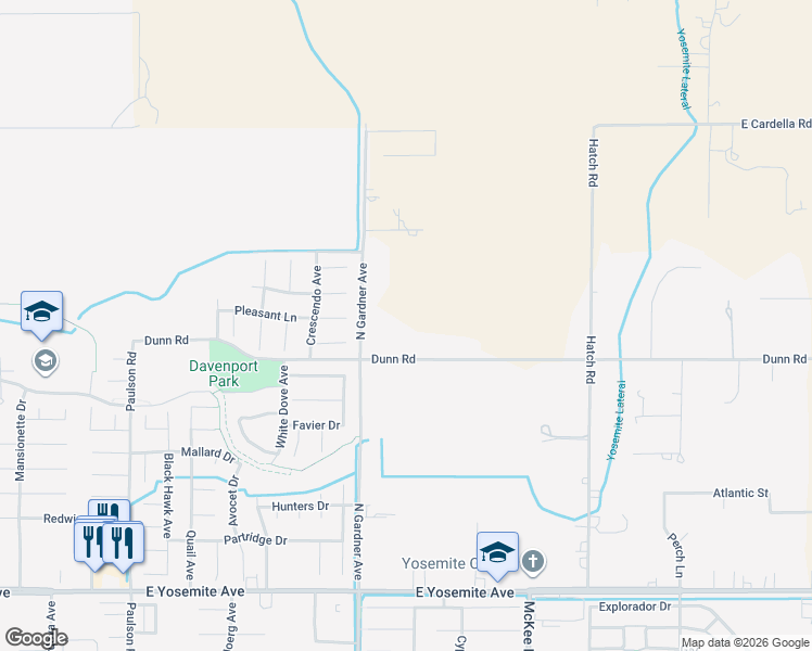 map of restaurants, bars, coffee shops, grocery stores, and more near Dunn Road in Merced