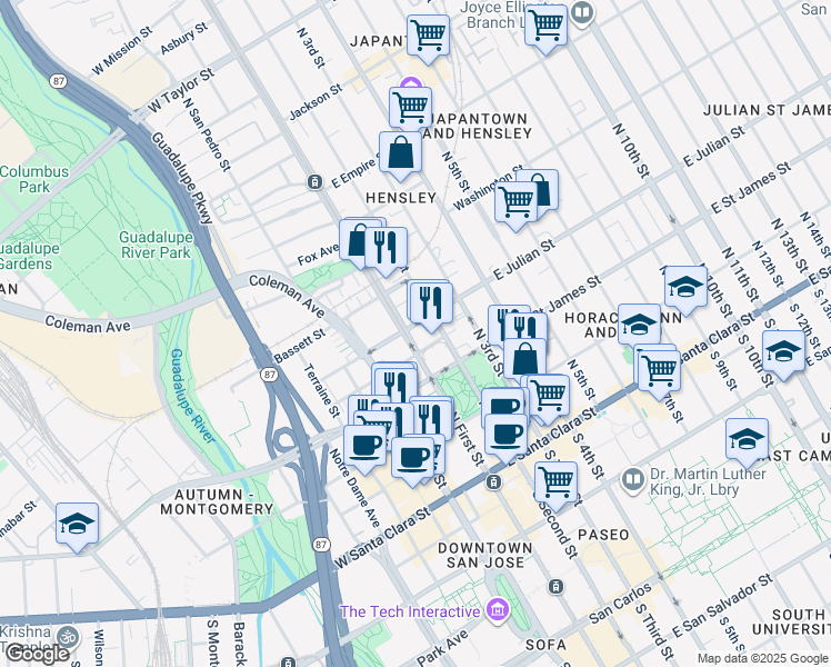 map of restaurants, bars, coffee shops, grocery stores, and more near 45 East Julian Street in San Jose