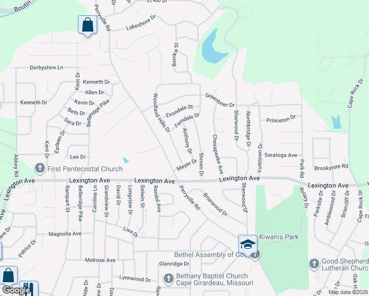map of restaurants, bars, coffee shops, grocery stores, and more near 2041 Anthony Drive in Cape Girardeau