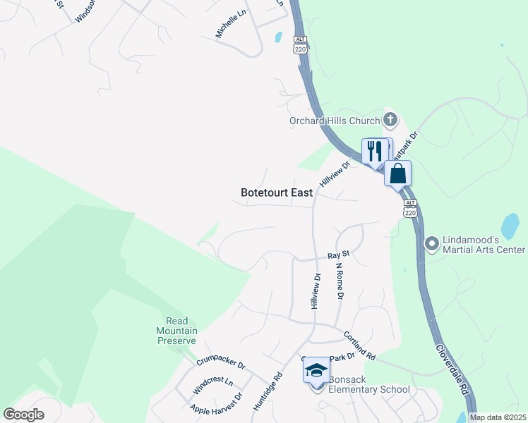map of restaurants, bars, coffee shops, grocery stores, and more near 163 Chivas Drive in Roanoke