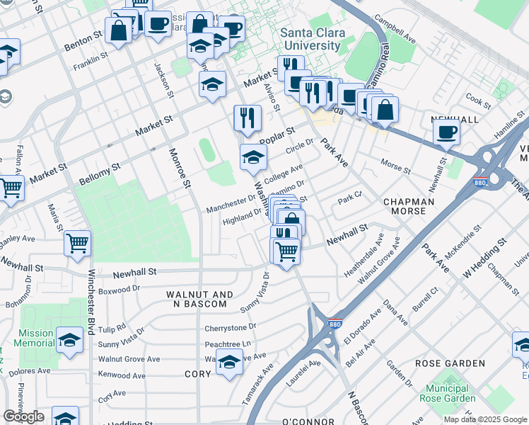 map of restaurants, bars, coffee shops, grocery stores, and more near 134 Washington Street in Santa Clara