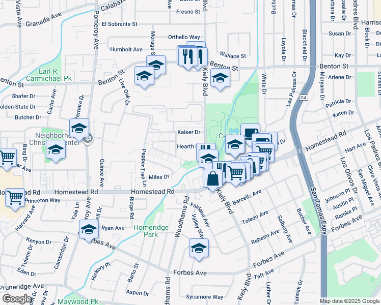 map of restaurants, bars, coffee shops, grocery stores, and more near 2860 Kaiser Drive in Santa Clara