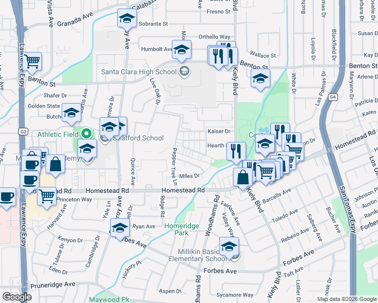 map of restaurants, bars, coffee shops, grocery stores, and more near 2975 Via Torino in Santa Clara