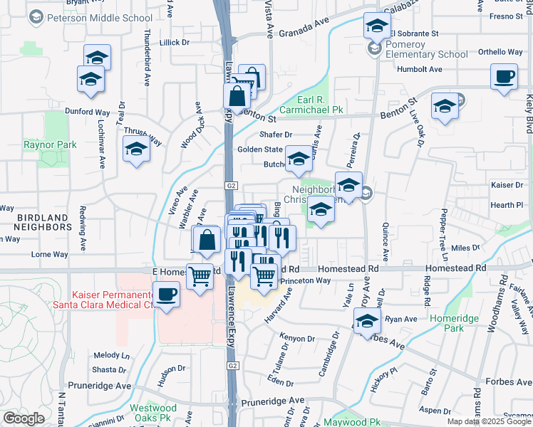 map of restaurants, bars, coffee shops, grocery stores, and more near 3520 Wehner Drive in Santa Clara