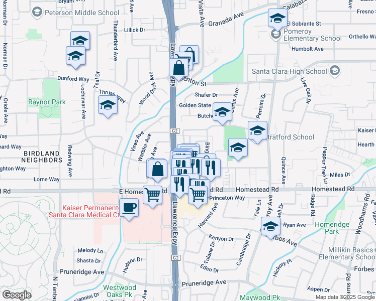 map of restaurants, bars, coffee shops, grocery stores, and more near 884 Burbank Drive in Santa Clara