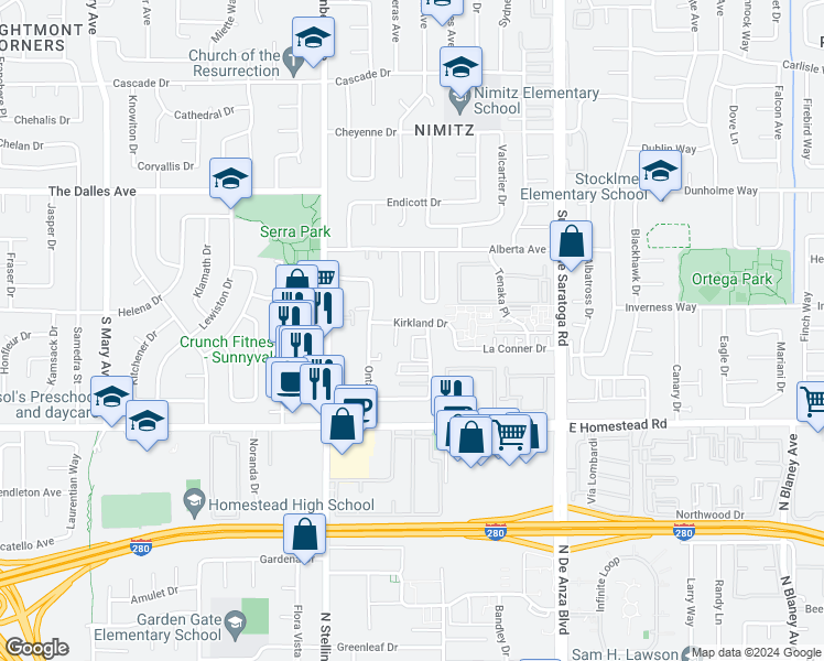 map of restaurants, bars, coffee shops, grocery stores, and more near 659 Kirkland Drive in Sunnyvale