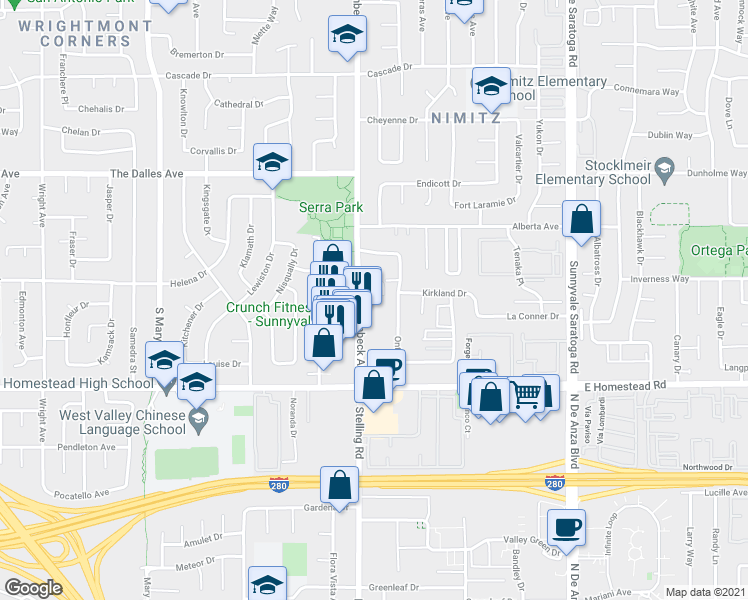 map of restaurants, bars, coffee shops, grocery stores, and more near 1608 Hollenbeck Avenue in Sunnyvale