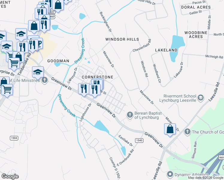 map of restaurants, bars, coffee shops, grocery stores, and more near 226 Colonnade Street in Lynchburg