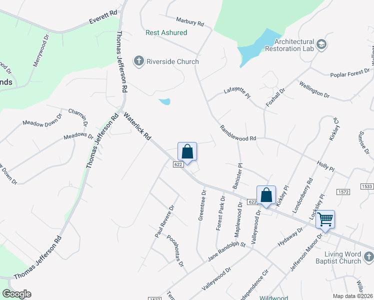 map of restaurants, bars, coffee shops, grocery stores, and more near 1008-1098 Westwood Drive in Forest