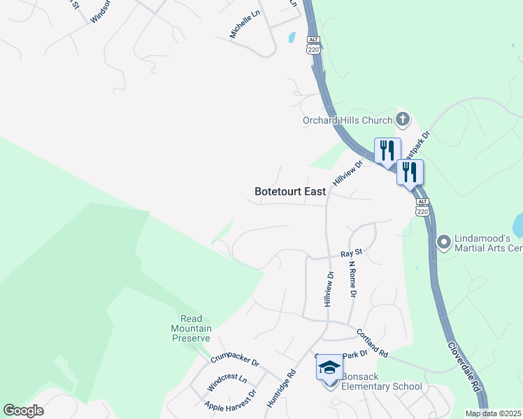 map of restaurants, bars, coffee shops, grocery stores, and more near 176 Chivas Drive in Roanoke