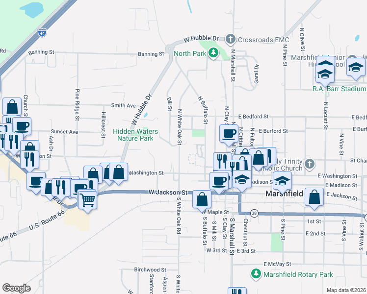 map of restaurants, bars, coffee shops, grocery stores, and more near 300-398 N White Oak St in Marshfield