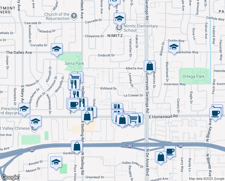 map of restaurants, bars, coffee shops, grocery stores, and more near 637 Kirkland Drive in Sunnyvale
