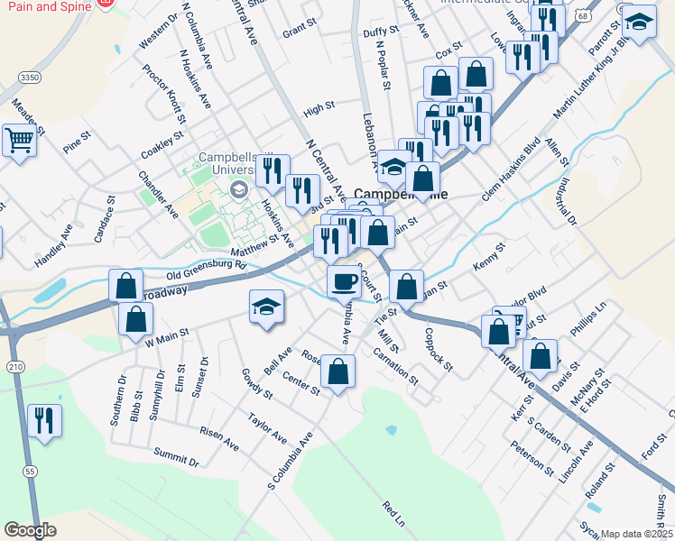 map of restaurants, bars, coffee shops, grocery stores, and more near 102 East Main Street in Campbellsville