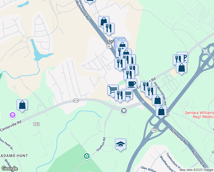 map of restaurants, bars, coffee shops, grocery stores, and more near 4648 Minutemen Way in Williamsburg