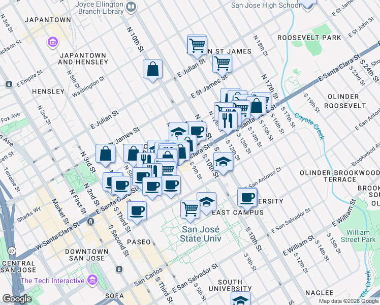 map of restaurants, bars, coffee shops, grocery stores, and more near 48 North 9th Street in San Jose